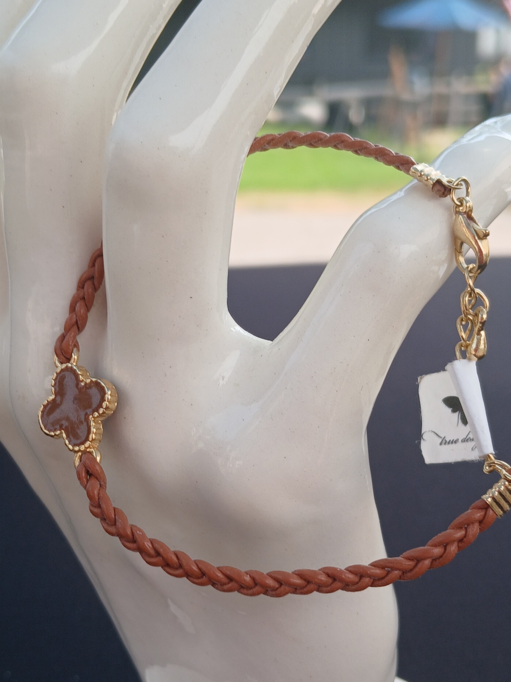 True Designs Brown Braided Leather Clover Cross Charm  Bracelet NWT Minimalist